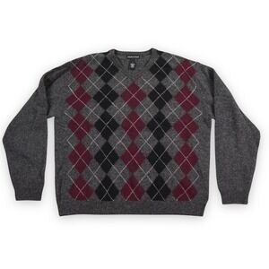 Grayson Dunn Lambswool Sweater Mens Large Gray Red Argyle Preppy Grandad V-Neck